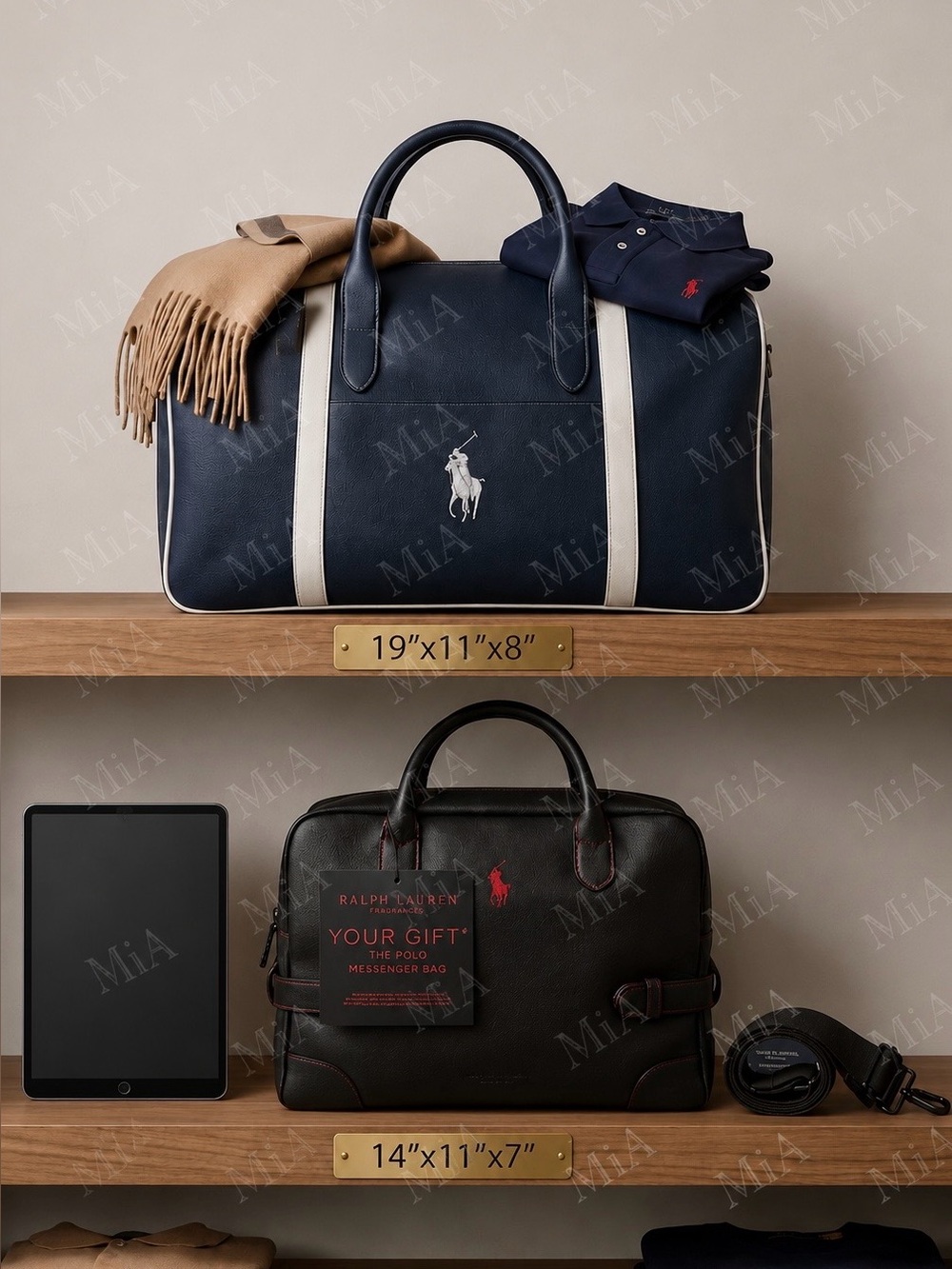 Polo Ralph Lauren 1 Dark Navy Bag + 1 Black Bag for Travel / Weekend /Gym / Work